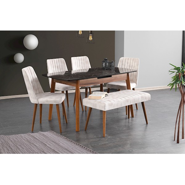 Ece Benchli Masa Takımı-Ceviz Mermer (4 Ad. Milano Ceviz-Krem Sand / 1 Ad. Bench )49/2 Ece Benchli Masa Takımı-Ceviz Mermer (4 Ad. Milano Ceviz-Krem Sand / 1 Ad. Bench )49/2
