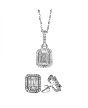 Kristal Taşlı Gümüş Baget Kolye Ve Küpe Set (Altın Kaplama)