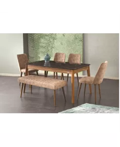 Selvi 533 Lotus Benchli Masa Takımı Ceviz Mermer( 4 Ad. Milano Ceviz Kahve Sand/1 Ad. Bench)