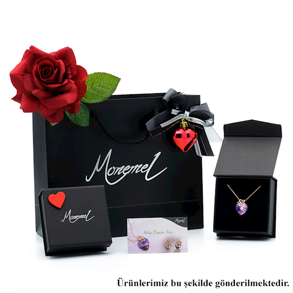 Monemel Swarovski Taşlı Kolye ve Küpe Gümüş Set 