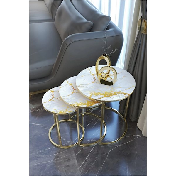 PK Ceylin 3'lü Metal Zigon Sehpa ( Gold Ayak - Gold Mermer Desen ) Görseli