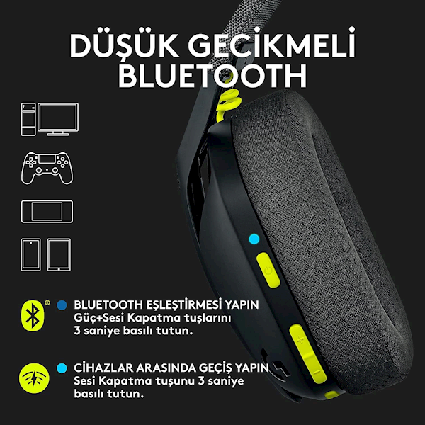 Logitech G435 Lightspeed Kablosuz Mikrofonlu Kulak Üstü Oyuncu Kulaklığı Siyah Görseli