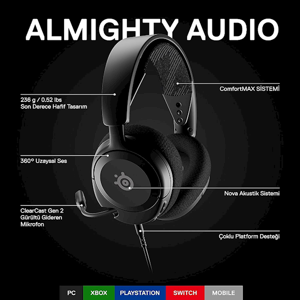 Steelseries Arctis Nova 1 Kablolu Mikrofonlu Kulak Üstü Oyuncu Kulaklığı Siyah Görseli