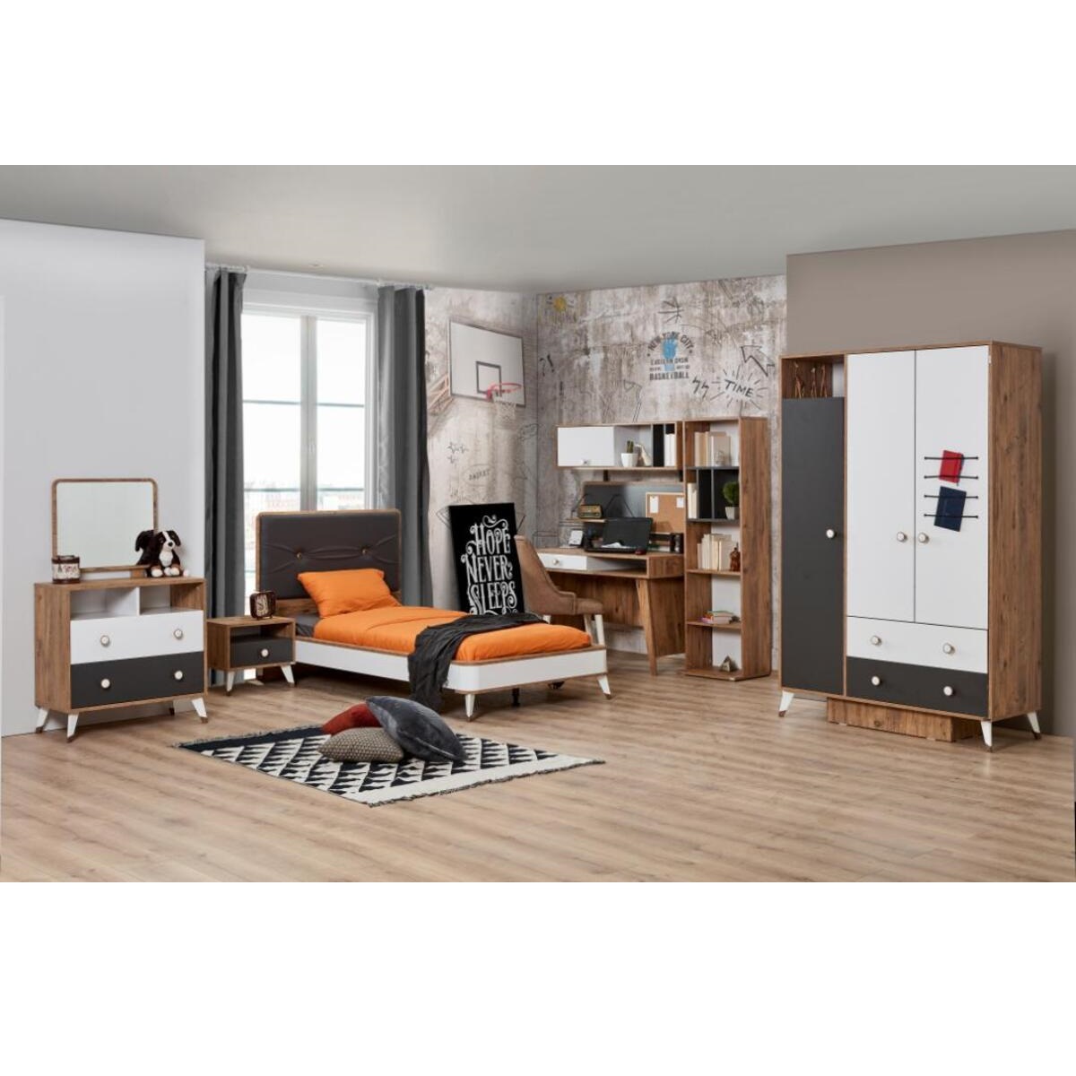 Smart 3 Kapaklı Genç Odası Takımı / 3 Kap. Dolap - Başlıklı Karyola - Ç.Masası Alt