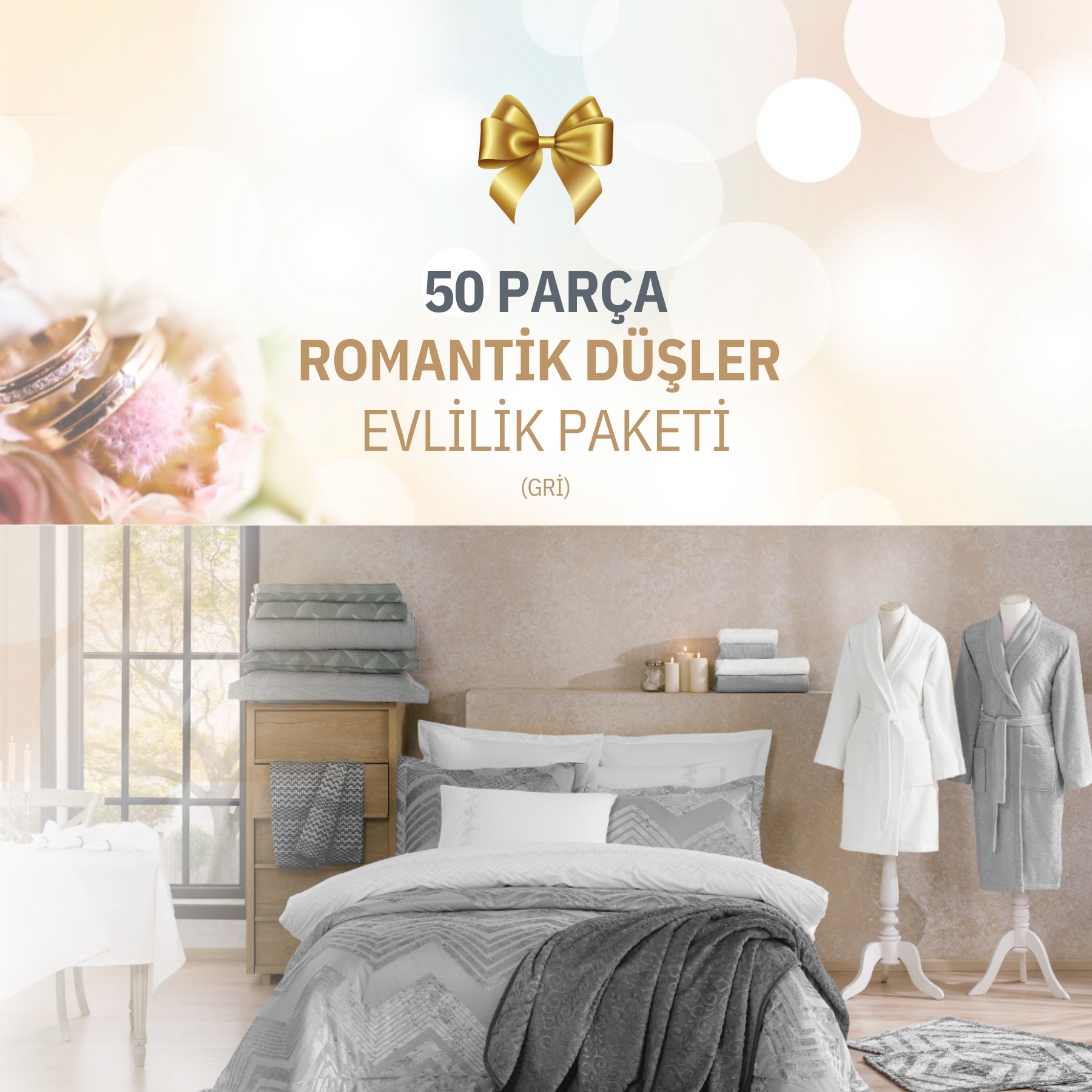 Taç Mutluluk Işıltısı Grı 50 Parça Çeyiz Paketi