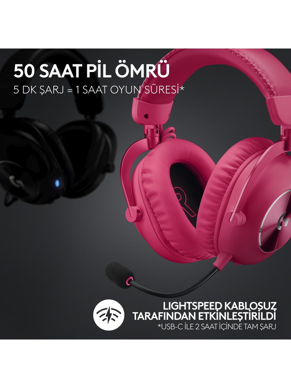 Logitech G Pro X 2 Lightspeed Pembe 7.1 Kablolu/kablosuz Kulak Üstü Oyuncu Kulaklığı Görseli