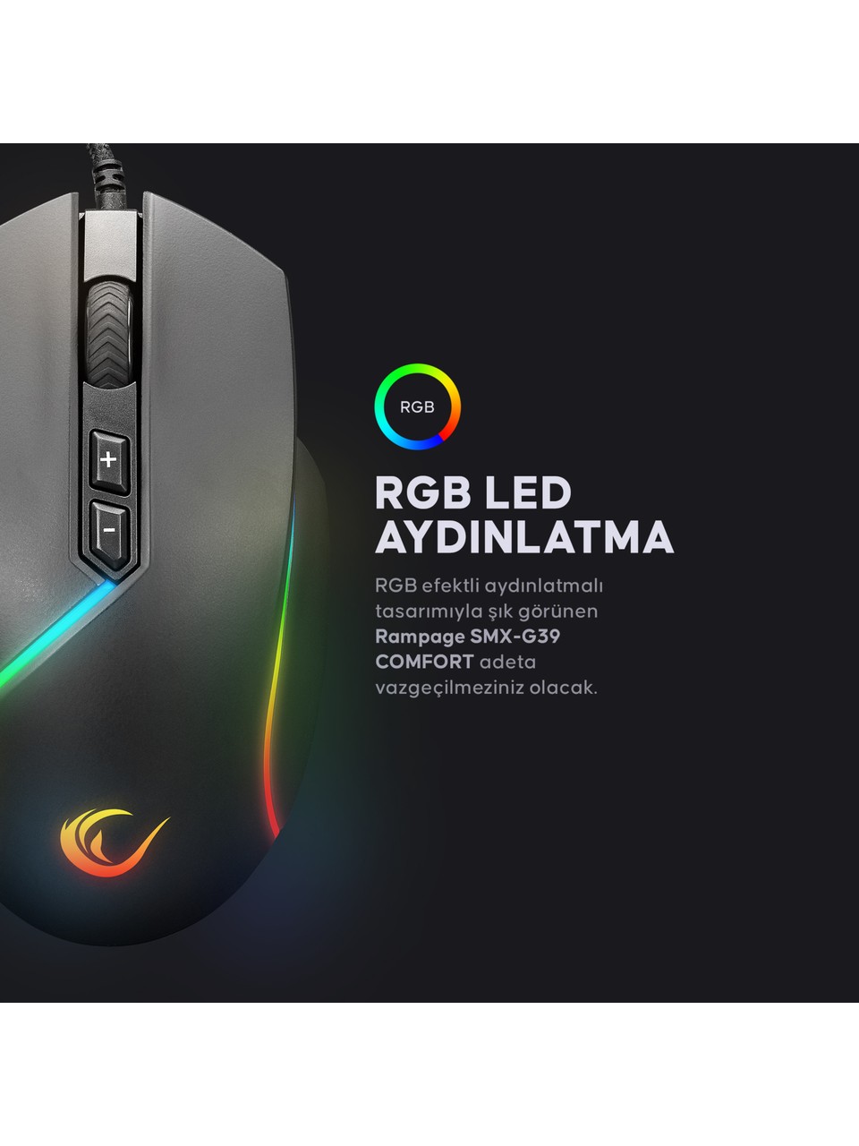 Rampage SMX-G39 COMFORT RGB Makrolu Ergonomik Optik Kablolu Oyuncu Mouse Görseli