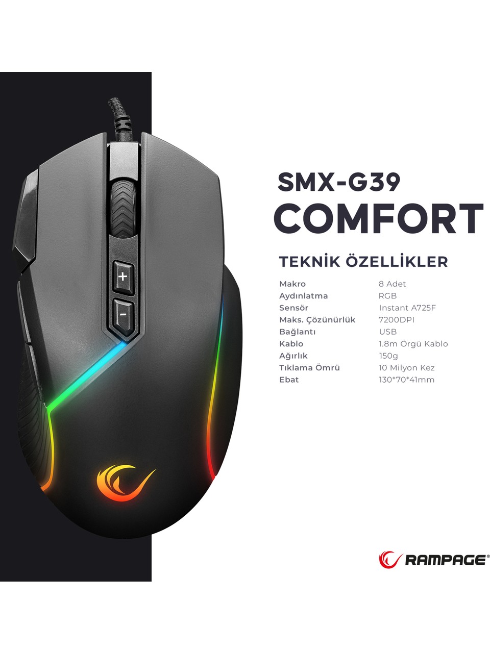 Rampage SMX-G39 COMFORT RGB Makrolu Ergonomik Optik Kablolu Oyuncu Mouse Görseli