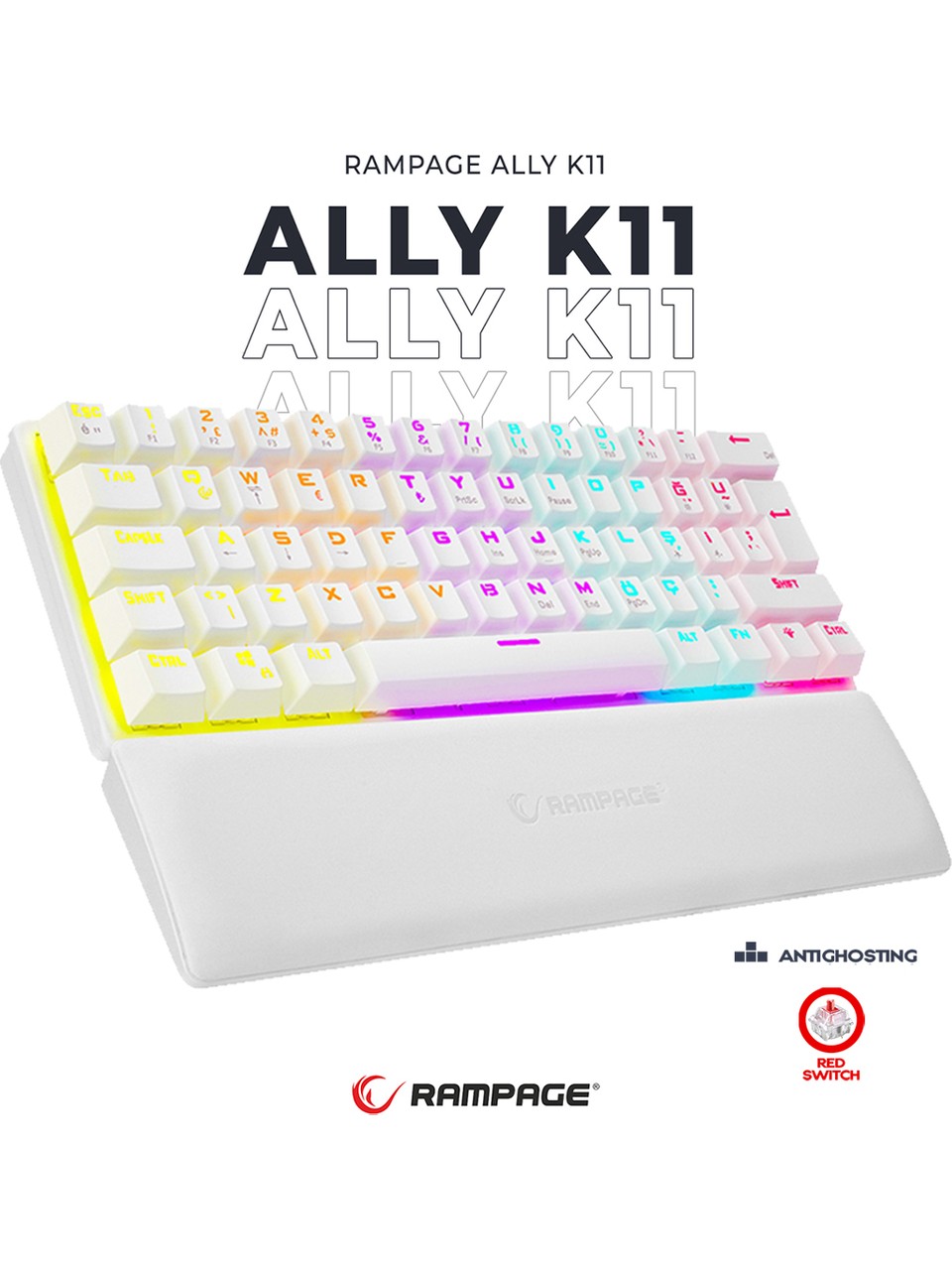 Rampage Ally K11 Beyaz TKL Red Switch Kablolu Mekanik Oyuncu Klavyesi