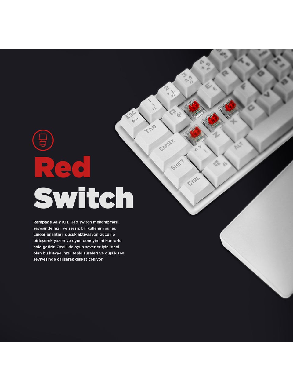 Rampage Ally K11 Beyaz TKL Red Switch Kablolu Mekanik Oyuncu Klavyesi Görseli