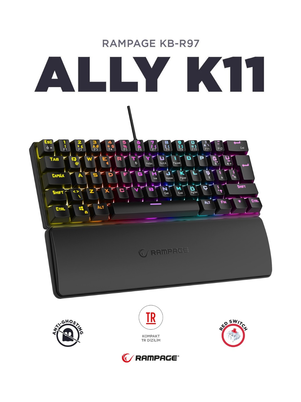Rampage Ally K11 Siyah TKL Red Switch Kablolu Mekanik Oyuncu Klavyesi