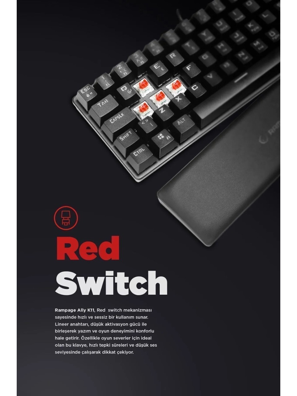 Rampage Ally K11 Siyah TKL Red Switch Kablolu Mekanik Oyuncu Klavyesi Görseli