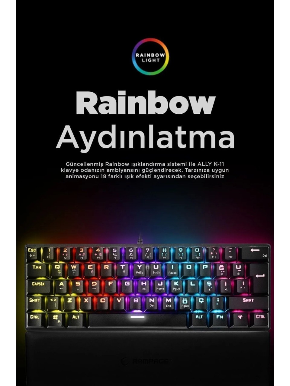 Rampage Ally K11 Siyah TKL Red Switch Kablolu Mekanik Oyuncu Klavyesi Görseli