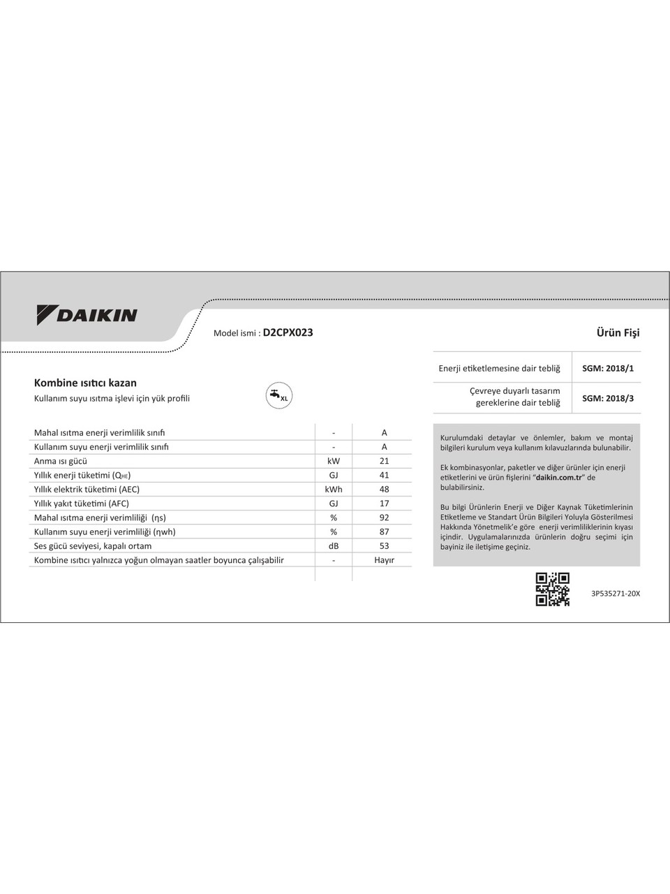 Daikin VZ Premix 23 Kw (D2CPX023) Yoğuşmalı Kombi Görseli
