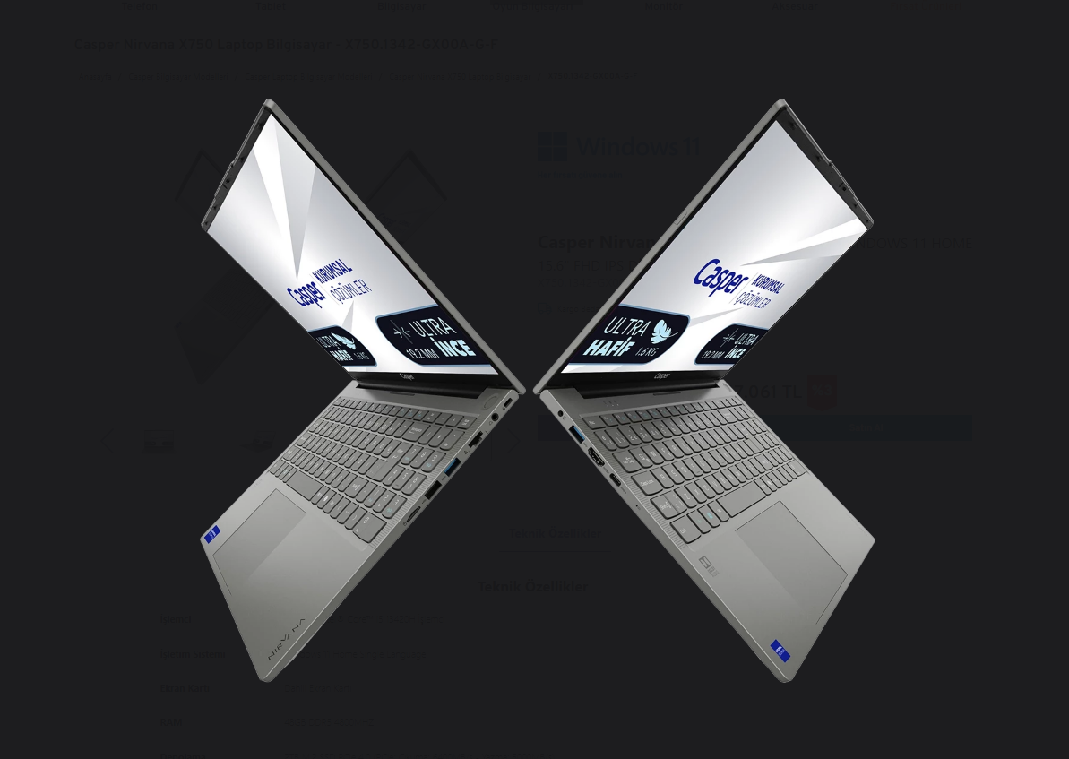 Casper Nirvana X750.1342-aq00a-g-f İ5-13420h 12gb Ram 1tb Ssd Ddr515.6" Fdos Notebook