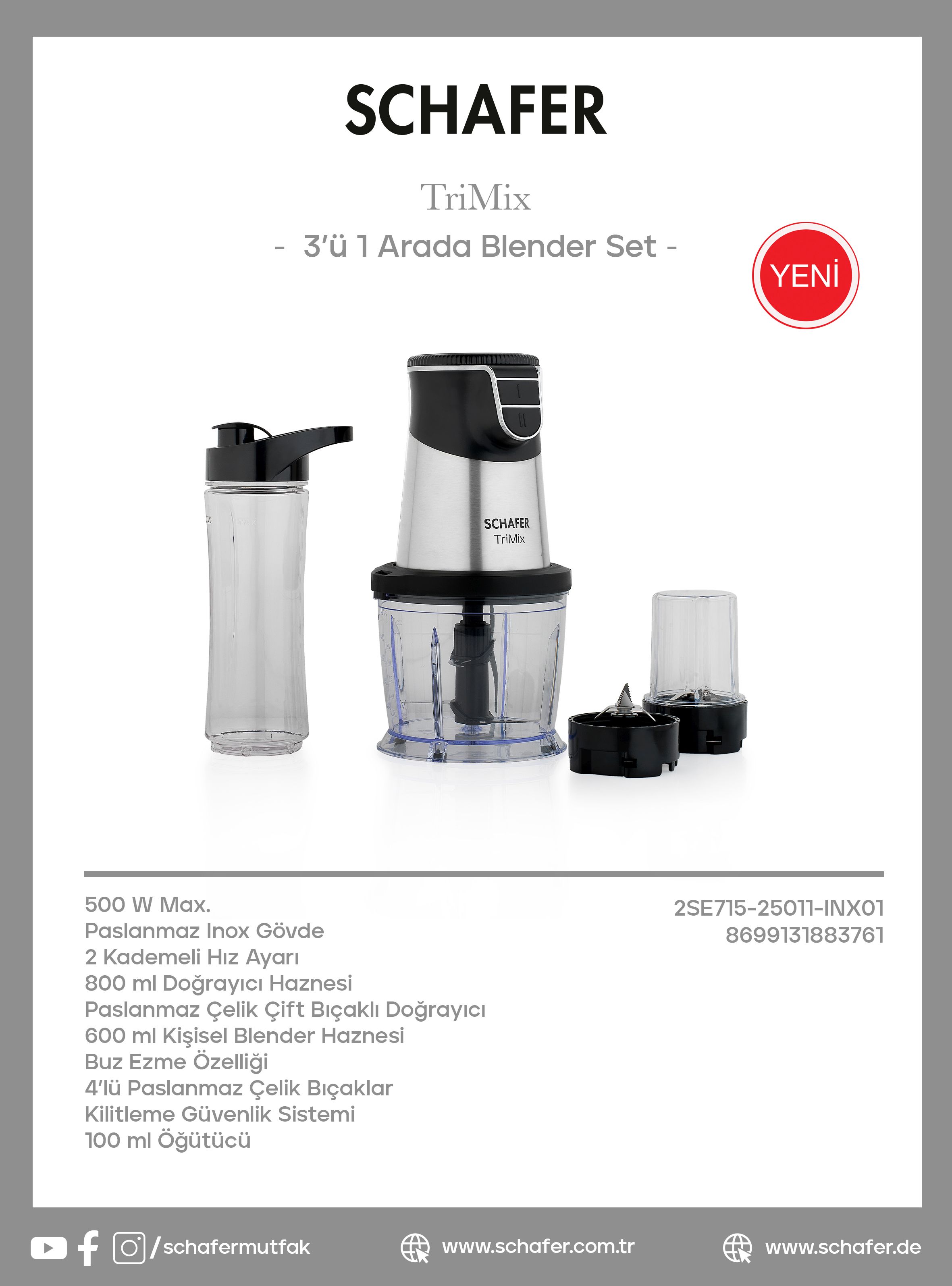 Schafer Trimix 3 Ü 1 Arada Blender Set-ınox