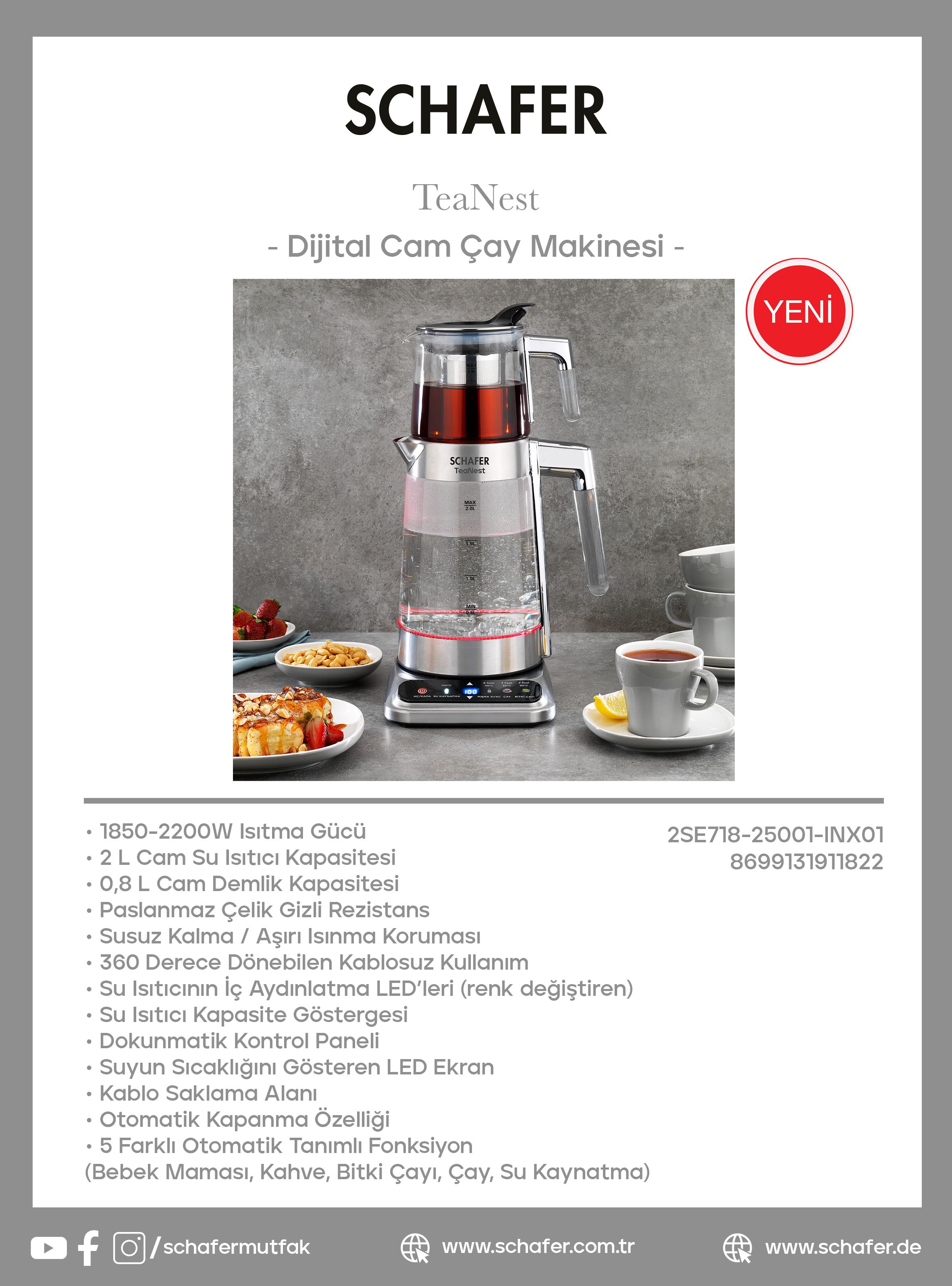 Schafer Teanest Dijital Cam Çay Makinesi-ınox