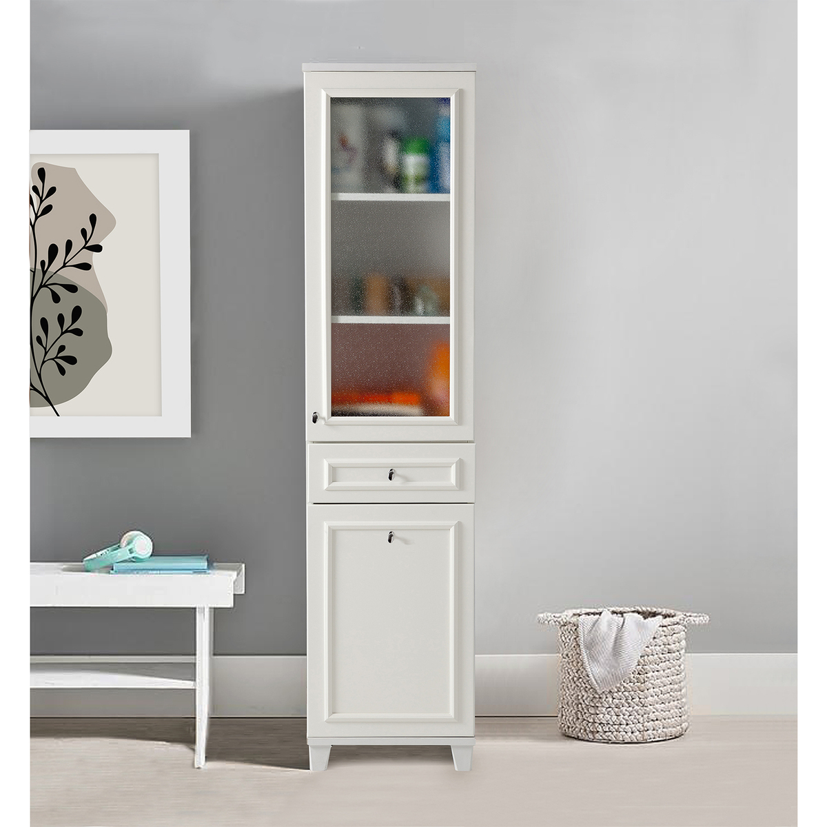 Sembol 188 Çitali Cam Lake Kapaklı Çamaşır Sepetli Dolap 180x45x40 Görseli