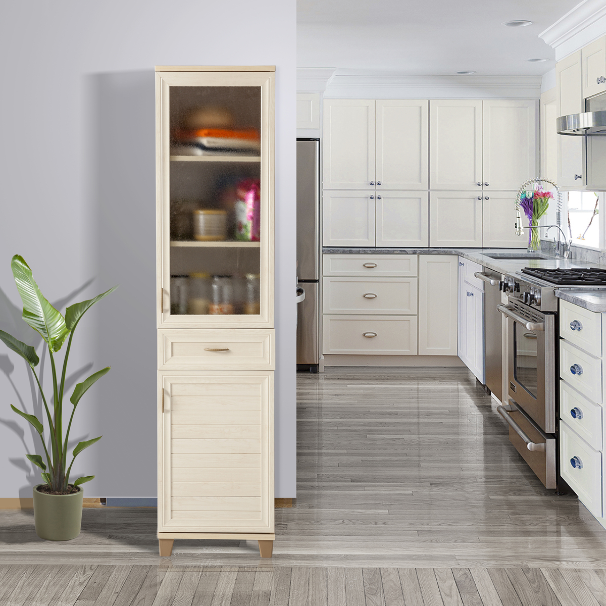 Sembol P 1086 Tek Çekmeceli - 2 Kapaklı Camlı Dolap ( A ) 180x45x40