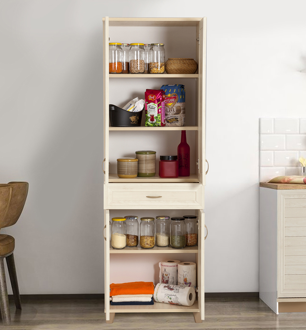 Sembol P 1084 Tek Çekmeceli - 4 Kapaklı Camlı Dolap ( A ) 180x60x40 Görseli