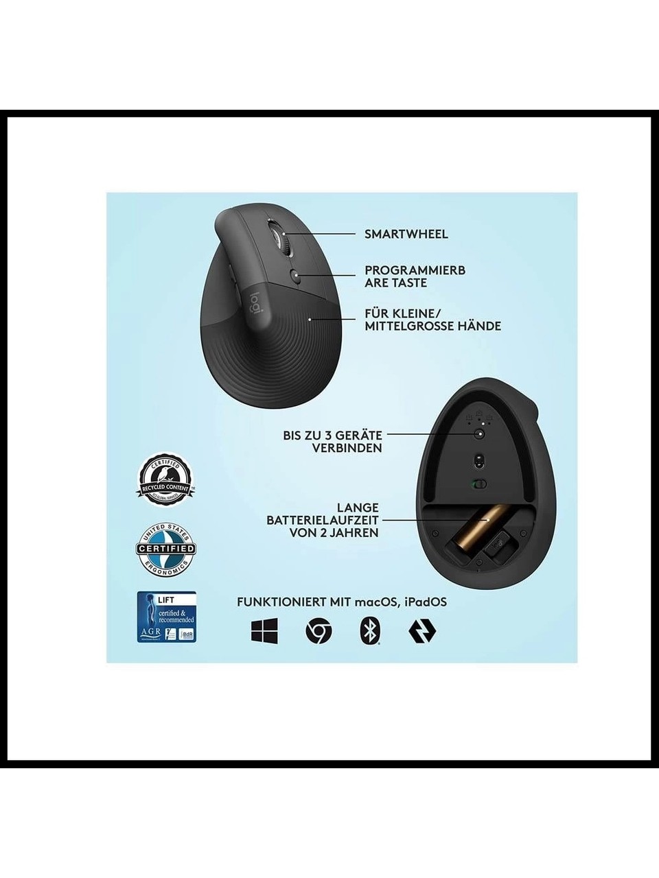 Logitech Lift 910-006473 Siyah Dikey Sessiz Ergonomik Optik Kablosuz Mouse Görseli