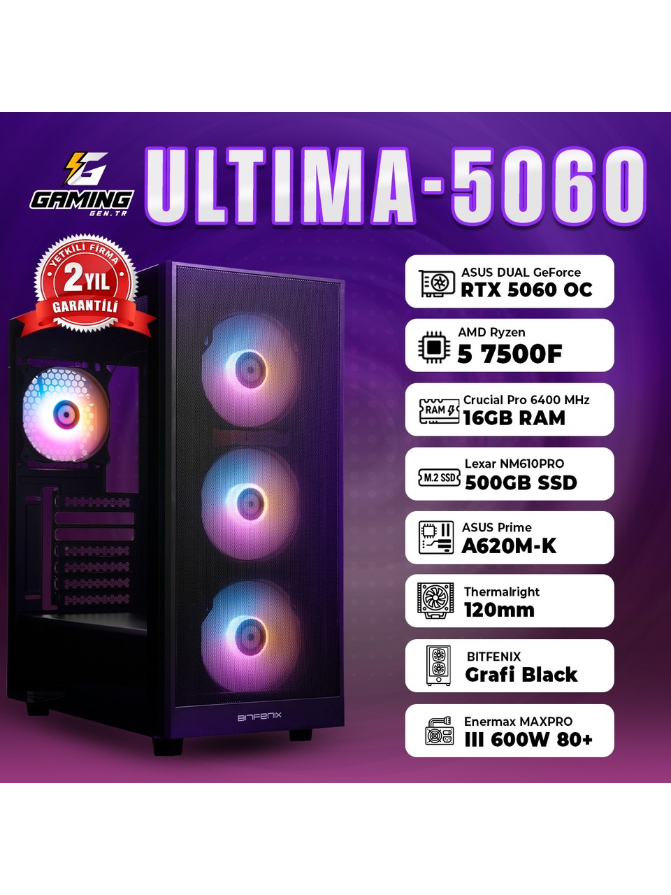 GamingGen PC AMD Ryzen 5 7500F 16gb Ddr5 500 Gb Ssd Rtx5060-8Gb 600W Kasa