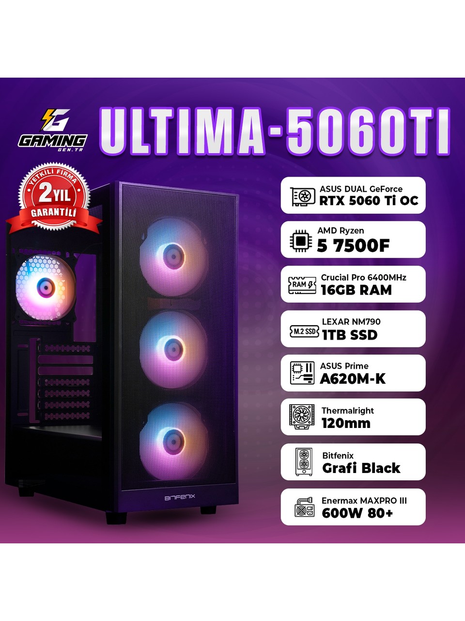 GamingGen PC AMD Ryzen 5 7500F 16gb Dd5 500 Gb SSD Rtx5060TI-16Gb 700W Kasa