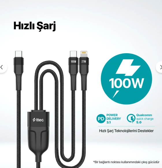 Ttec Alumicable Duo 2dk56s Usb-c – Usb-c + Lightning 100w 150cm Hızlı Şarj Kablosu Görseli