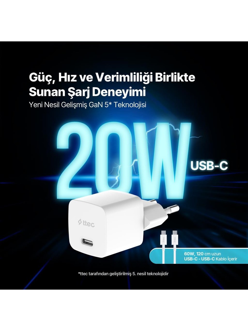 Ttec Smartcharger 2scg20cb Gan 20w Pd Seyahat Hızlı Şarj Aleti + Usb-c - Usb-c 60w Kablo Beyaz Görseli