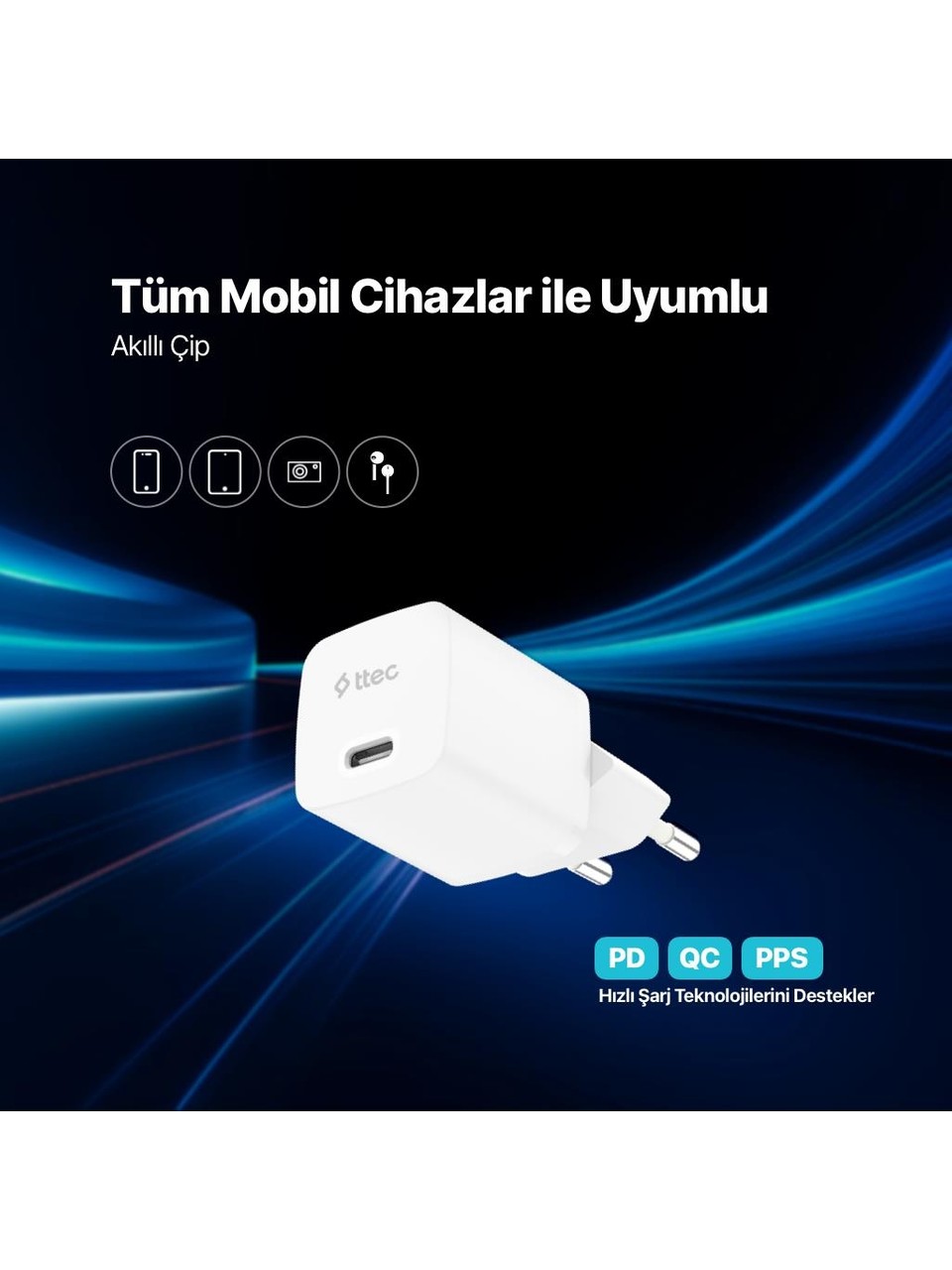 Ttec Smartcharger 2scg20cb Gan 20w Pd Seyahat Hızlı Şarj Aleti + Usb-c - Usb-c 60w Kablo Beyaz Görseli