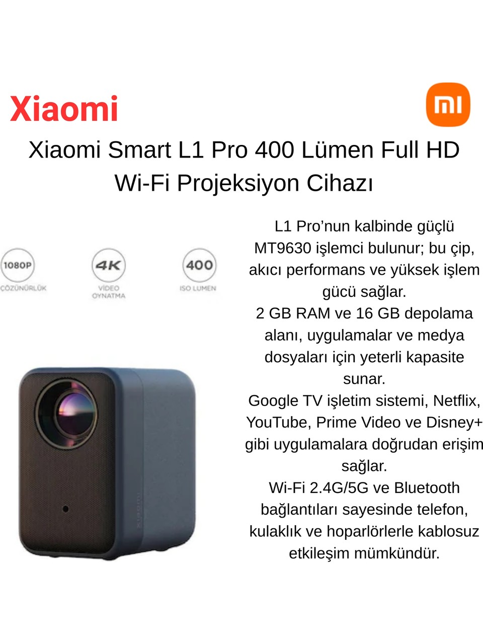 Xiaomi Smart L1 Pro 400 Lümen Full Hd Wi-fi Projeksiyon Cihazı