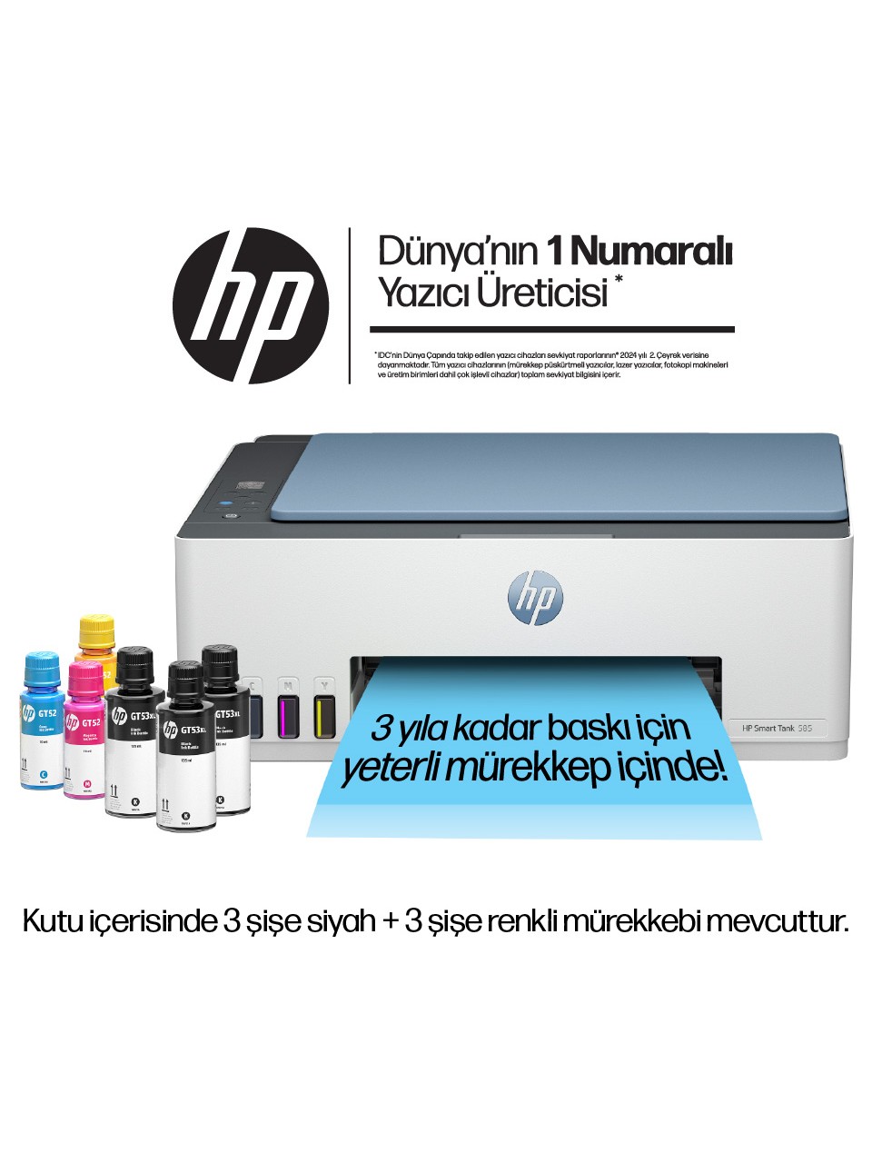HP Smart Tank 585 1F3Y4A Wi-Fi + Tarayıcı + Fotokopi Renkli Çok Fonksiyonlu Püskürtmeli Yazıcı